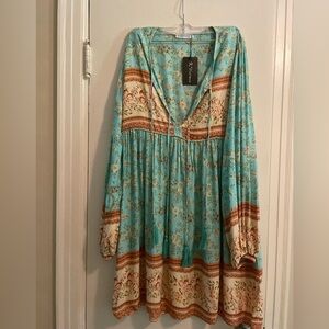 Boho Hippie Chic Blue Floral Multi Pattern Flowy Dress Size 12/14 NWT